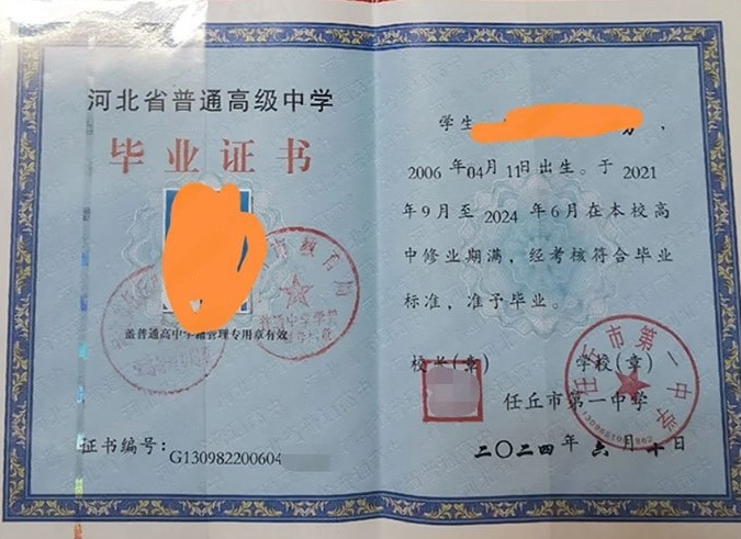 新乡任丘市第一中学高中毕业证样本图片